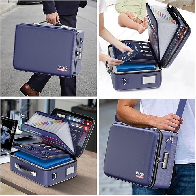 DocSafe Fireproof Document Box with Lock&Shoulder Strap,Hard Case File Organizer with Accordion File Folder,Multi-Layer Portable Home Office Travel Safe Storage for Important Documents Laptop Blue