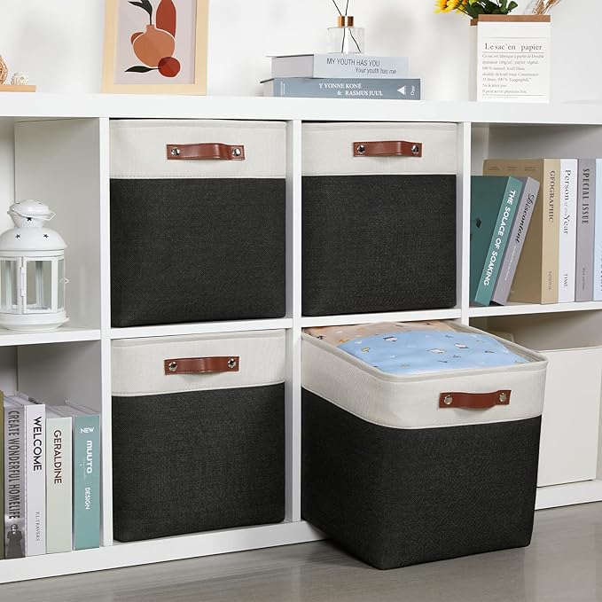 DULLEMELO Storage Baskets, 13 Inch Cube Storage Bins for Shelves Closet Nursery Toy Storage, Foldable Linen Closet Organizers Storage Baskets for Toy Closet Storage?4 Pack - 13" White&Black)-DeskLoop Office