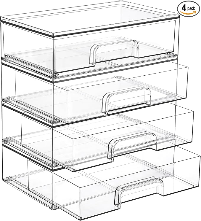 Vtopmart 12.1''W Clear Stackable Storage Drawers,4 Pack Acrylic Plastic Organizers Bins for Makeup Palettes, Cosmetics, and Beauty Supplies,Ideal for Vanity, Bathroom,Cabinet,Desk Organization-DeskLoop Office