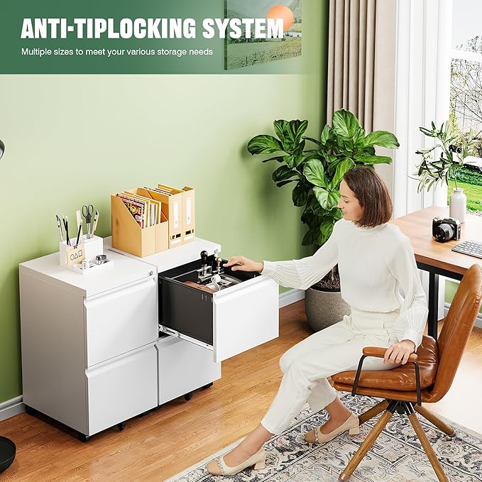 Letaya 2 Drawer Mobile File Cabinet with Lock,Under Desk Metal Filing Cabinets for Home Office Organizer Letters/Legal/A4(Fully Assembled-White)-DeskLoop Office