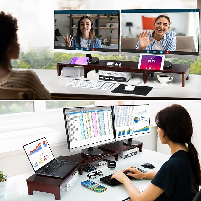 Nnewvante Monitor Stand Riser, Upgrade Height Large TV Riser, 60 inch Large Bamboo Dual Monitor Stand for Desk, 3 Shelves Desktop Screen Riser with Adjustable Length Angle for Computer Laptop Walnut-DeskLoop Office