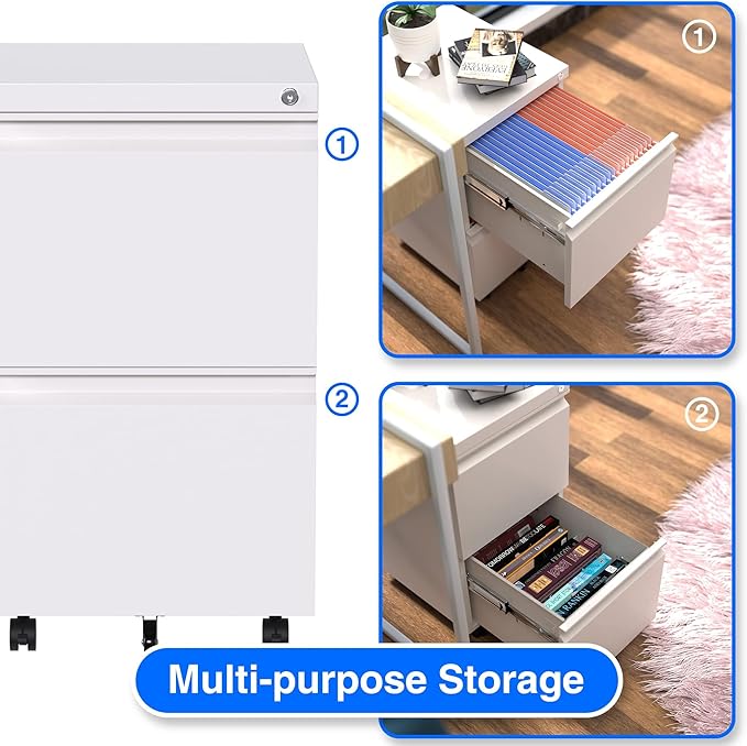 Aobabo 2 Drawer File Cabinet with Lock,Metal Filing Cabinet with Wheels for Home Office & Business Enterprise, Legal/Letter Size, Fully Assembled Except Wheels, White-DeskLoop Office