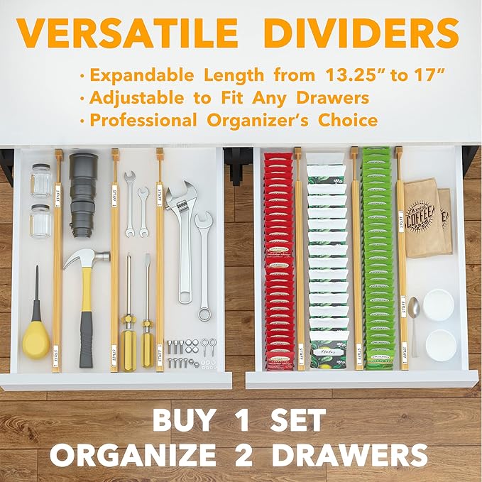 SpaceAid Bamboo Drawer Dividers with Labels, Kitchen Adjustable Drawer Organizers, Expandable Organization for Home, Office, Dressers and Bathroom, 6 Dividers (13.25-17 in)-DeskLoop Office