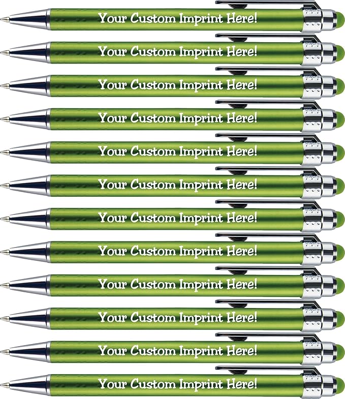 Personalized Pens with Stylus Tip -Bright Vibes- Click action - Custom - Black writing - Printed Name pens - Imprinted with Your Logo or Message - FREE PERSONALIZATION - 12 Pens/Box (Green)-DeskLoop Office