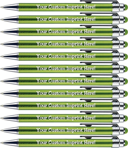 Personalized Pens with Stylus Tip -Bright Vibes- Click action - Custom - Black writing - Printed Name pens - Imprinted with Your Logo or Message - FREE PERSONALIZATION - 12 Pens/Box (Green)-DeskLoop Office