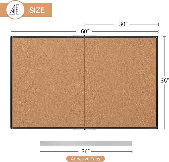 Board2by Extra Large Cork Bulletin Board 60" X 36", Foldable Notice Pin Board for Wall, Black Aluminum Framed 5'x3' Corkboard, Wall Mounted Noticeboard with 36 Push Pins for School, Home & Office-DeskLoop Office