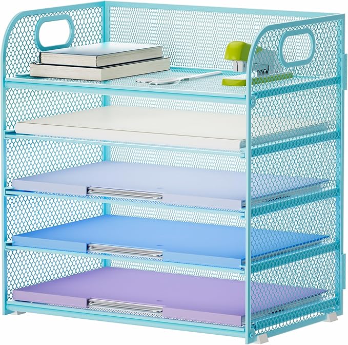 Marbrasse Paper Organizer Letter Tray, 5 Tier Mesh File Organizer with Handle, Paper Sorter Desk Organizer for Home Office Supplies - Blue-DeskLoop Office