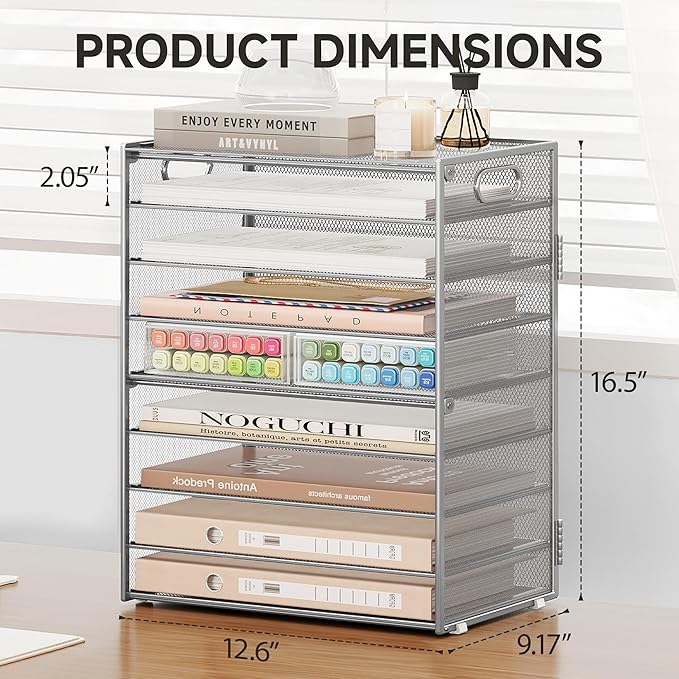 SUBEKYU 9 Tier Paper Organizer for Desk - Metal Mesh Letter Tray File Paper Sorter Organizer Include 6 Pcs Adjustable Height Slid Tray with Handles for Office School Home Organization Storage, Silver-DeskLoop Office