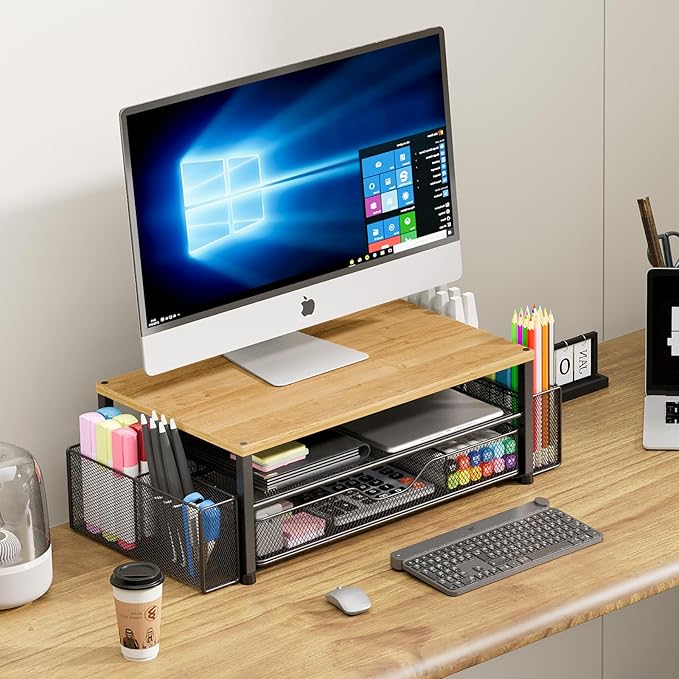 Desk Organizers and Accessories, 2-Tier Computer Monitor Stand with Drawer and 2 Pen Holders, Laptop Stand, Office Desk Accessories for Office Supplies, Oak-DeskLoop Office