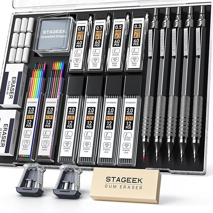 21PCS Metal Mechanical Pencil Set, Art Lead Pencil 0.3, 0.5, 0.7, 0.9, 2mm Holder(HB 2H 2B 4B Color) with 10 Tubes Graphite Lead Refills Eraser with Case for Drafting Drawing Sketching-DeskLoop Office