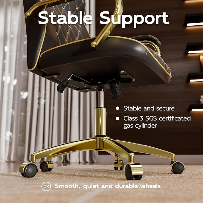 Black and Gold Office Chair with Soft Leather Embroidery, Mid Back Vintage Swivel Executive Desk Chair with Wheels and Padded Arms, Adjustable Height-DeskLoop Office