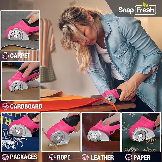 SnapFresh Cordless Electric Scissors- 4V Mini Cardboard Cutter for Boxes, Carpet, Paper – Rotary Cutter for DIY Projects, Safety Box Cutter with Battery & Type-C Cable(Hot Pink)-DeskLoop Office