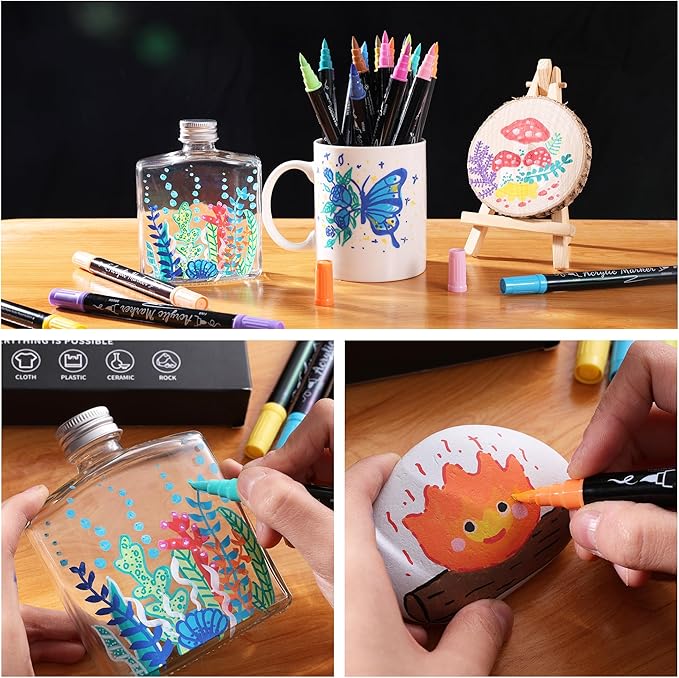 30 Colors Acrylic Paint Markers, Waterproof Dual Tip Acrylic Paint Pens with Brush and Fine Tip, Markers Set for Paper, Rock, Wood, Canvas, Glass, Ceramic and DIY Crafts Making Art Supplies-DeskLoop Office