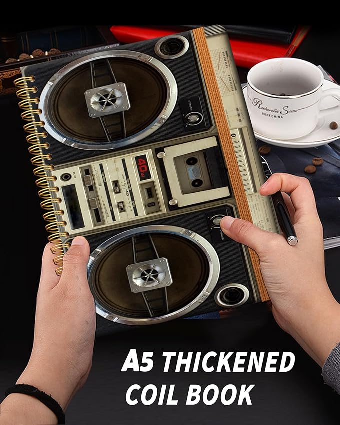 Ruled Spiral Writing Notebook,A5 Hardcover Lined College Journal for Women Lady,Fashion Puppy Watercolor Strong Twin-Wire Binding with Premium Paper,8.4" X 6",Perfect for School,Office,Home Gifts(Tape Recorder Vintage)-DeskLoop Office