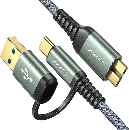 AINOPE 10Gbps Micro B to USB C External Hard Drive Cable 1.5FT, Nylon Braided External Hard Drive Cord Compatible with MacBook Pro/Air, Tablet/iPad, WD Seagate Toshiba Westgate, Samsung Galaxy S25-DeskLoop Office