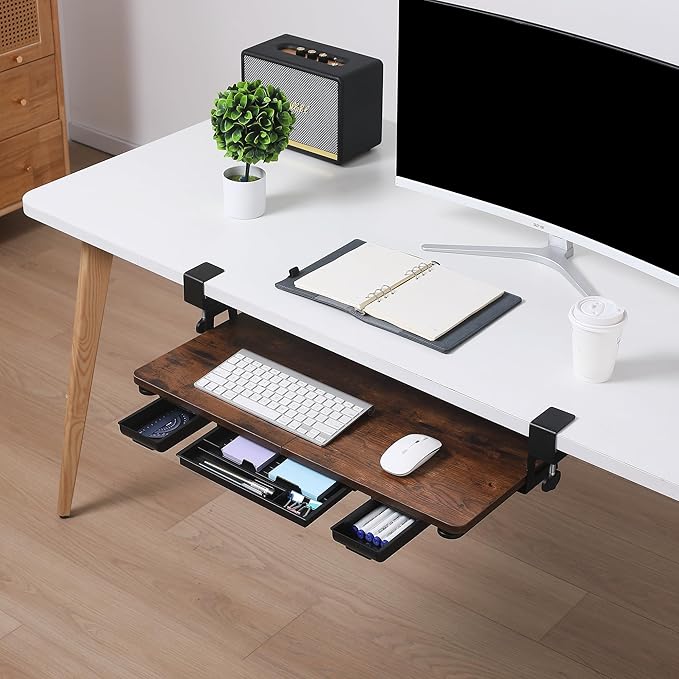 Keyboard Tray Under Desk with Drawer,26.77" X 11.81"Large Size Keyboard Tray with C Clamp-on Mount, Easy to Install, for Home Office (Mahogany)-DeskLoop Office