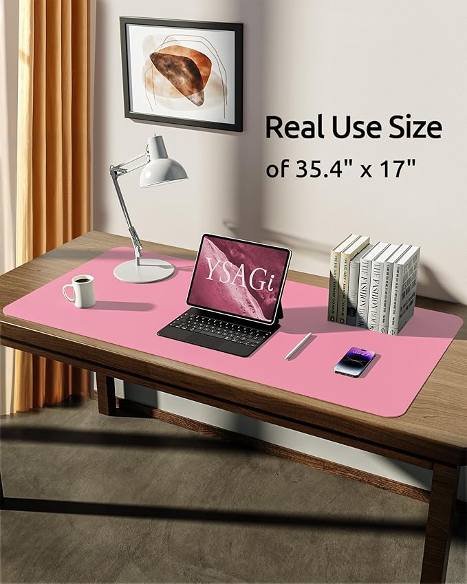 YSAGi Leather Desk Protector, Office Mat, Large Mouse Mat, Non-Slip PU Leather Blotter, Laptop Desk Mat, Waterproof Writing Pad for Office and Home (Pink, 35.4" x 17")-DeskLoop Office