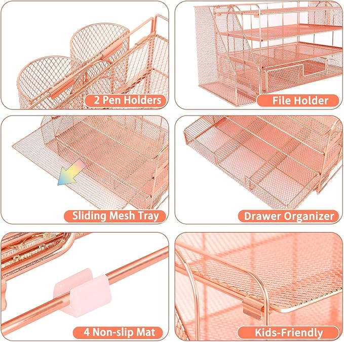 Desk Organizer and Accessories, 4-Tier Desktop File Organizer with Drawer and 2 Pen Holders, Office Desk Accessories for Office Supplies(Rose Gold)-DeskLoop Office