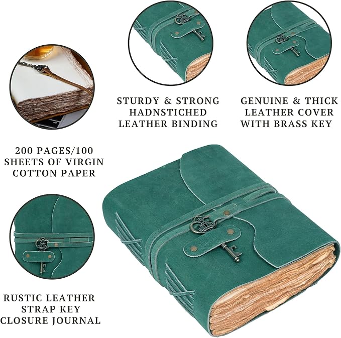 LEATHER VILLAGE Vintage Leather Journal – 200 Handmade Vintage Deckle Edge Paper – Leather bound Journal For Women Men – Vintage Key Closure - Book of Shadows - Turquoise - 8X6 inches (A5)
