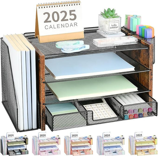 Desk Organizer and Accessories, 4-Tier Desktop File Organizer with Drawer and 2 Pen Holders, Office Desk Accessories for Office Supplies(Wood)-DeskLoop Office