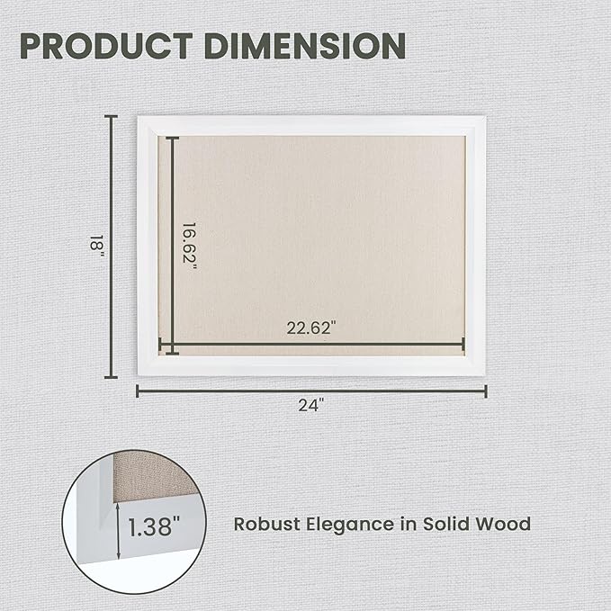 Bulletin Board Cork Board with Linen, 100% Wood Framed 18" x 24" Bulletin Board Decorations, Pin Boards for Walls, Wall Mounted Fabric Picture Board with 10 Pushpins for School, Home & Office, White-DeskLoop Office