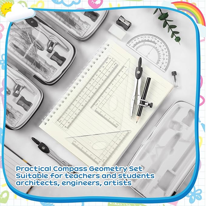 Teling 12 Sets Math Geometry Kit for Students 10 Pcs Compass Geometry Tools Set Includes Rulers Protractor Compass Eraser Pencil Sharpener Lead Refills Pencil (Black)-DeskLoop Office