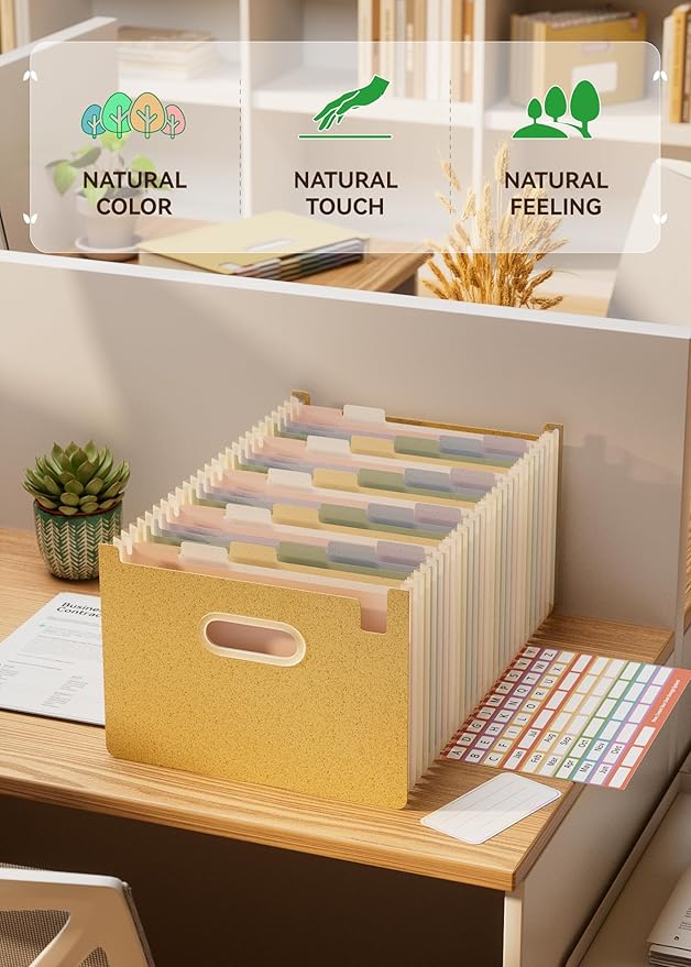 Accordion File Organizer, 26 Pockets Wheat Straw Expanding File Folders, Upright&Open Top, A-Z Bill Receipt Organizer, 100% BPA Free, Return to Nature, Healthy Living, Letter/A4 Size-Wheat Yellow-DeskLoop Office