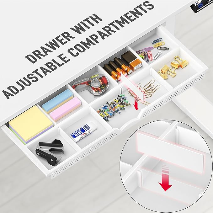 SHW 48-Inch Electric Height Adjustable Standing Desk with Drawer, Memory Preset and Cable Management Tray, White-DeskLoop Office