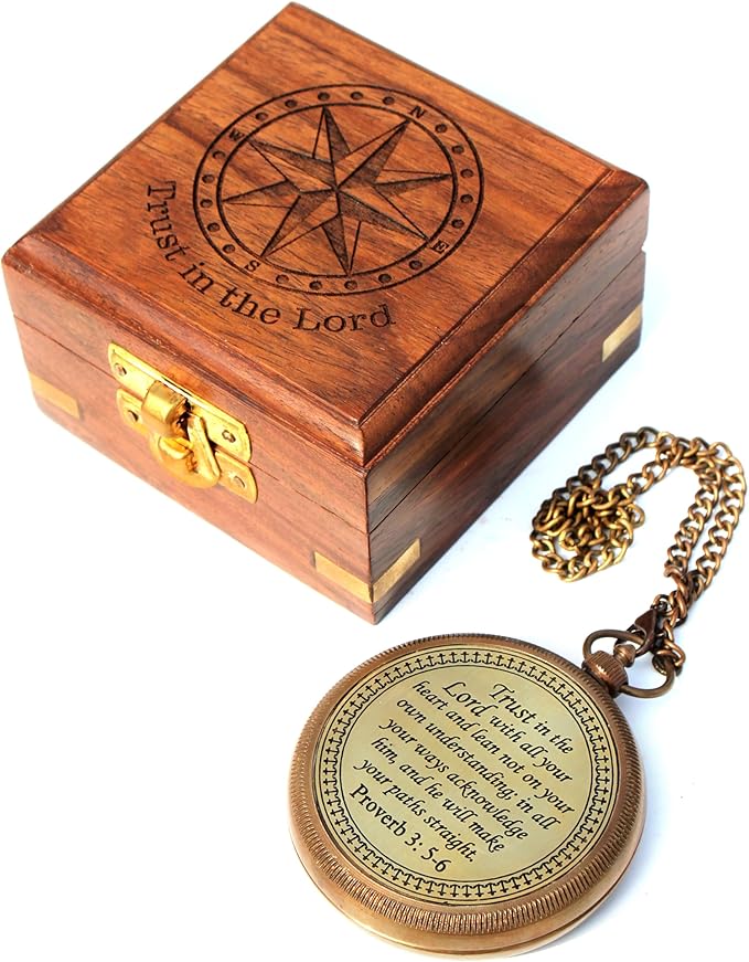 Trust in The Lord with All Your Heart -Proverbs 3: 5-6 Quote Engraved Compass with Wooden Box, Baptism Gifts for Boys, Inspirational Gifts Men, Graduation Day Gifts, First Communion Gifts-DeskLoop Office