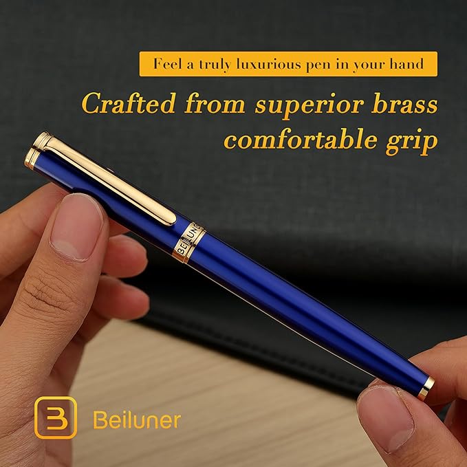 BEILUNER Blue Fountain Pen,Stunning Luxury Lacquer, 24K Gilded Nib(Fine),Gorgeous 24K Gold Accents, with Ink Converter,Fancy Gift for Men&Women-Smooth,Elegant,Graduation,Reliable,Nice Pens for Writing-DeskLoop Office