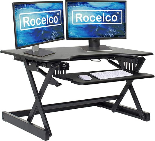 Rocelco 32" Height Adjustable Standing Desk Converter - Sit Stand Computer Workstation Riser - Dual Monitor Retractable Keyboard Tray Gas Spring Assist - Black (R EADRB2)-DeskLoop Office