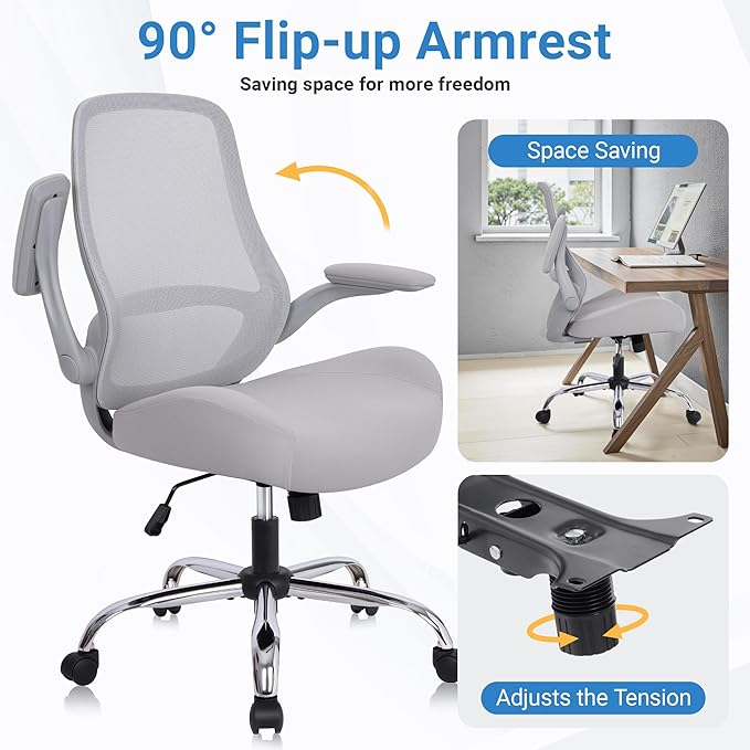 HYLONE Heavy Duty Office Chair, 5" Thickened Seat Ergonomic Desk Chair with Adjustable Armrests, Home Office Computer Chairs for Long Hours Mesh Executive Chair(Grey)-DeskLoop Office