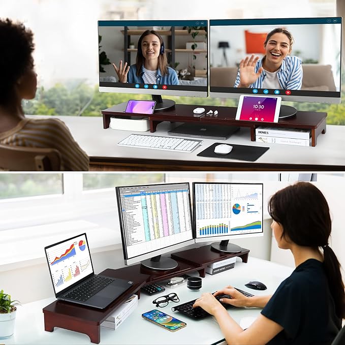 Nnewvante Large Dual Monitor Stand Riser, 60 inch Bamboo Monitor Stand with Adjustable Length and Angle, 3 Shelves Desktop Screen Riser for Computer Laptop PC, Walnut-DeskLoop Office