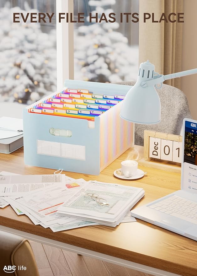 ABC life 26 Pockets Accordian File Organizer Expanding File Folders, Portable Letter A4 Size Filing Box,Plastic Monthly Receipt Document Organizer with Colored Tabs (Light Blue)-DeskLoop Office