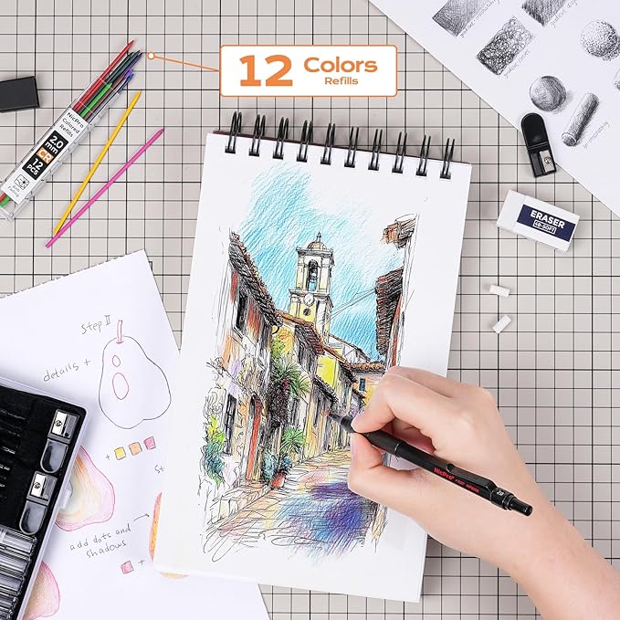 Nicpro 22PCS Art Mechanical Pencil Set, Black Artist Metal Drafting Pencil 0.5 & 0.7 & 0.9 mm & 2PCS 2mm Graphite Lead Holder(4B 2B HB 2H) for Drawing Writing Sketching With Lead Refills Erasers Case-DeskLoop Office