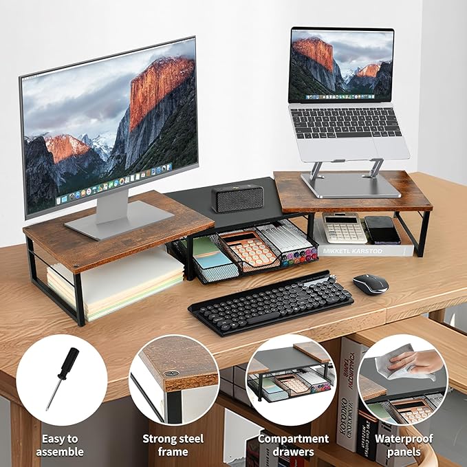 Dual Monitor Stand Riser, Desk Organizer with Drawer, Desk Organizers and Accessories, Workspace Organization Computer Monitor Stand for Laptop, Printer, TV, Office Supplies, Rustic Brown-DeskLoop Office