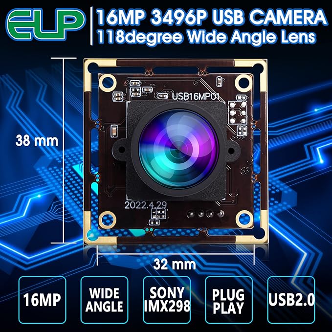 ELP 16MP Wide Angle USB Camera Module for Raspberry Pi and Computer 4K Mini UVC USB2.0 Video Webcam Board with 118degree No Distortion Lens IMX298 Industrial PC Lightburn Camera for Laptop,Jetson Nano-DeskLoop Office