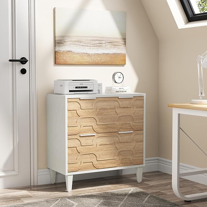 LITTLE TREE 2-Drawer File Cabinet, Lateral Filing Cabinet for A4/Letter/Legal Size, Office Storage Cabinet, Printer Stand with Storage Drawer for Home Office, Wood & White-DeskLoop Office