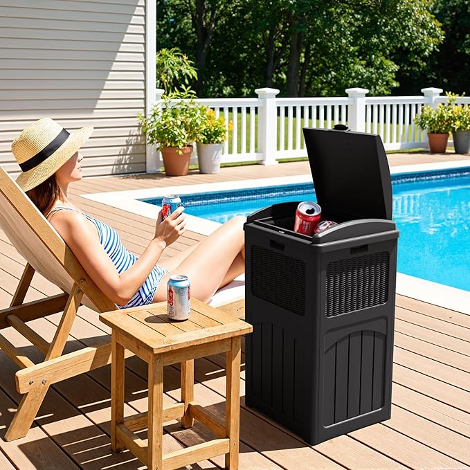 Greesum 33 Gallon Outdoor Trash Can with Lid, Waterproof Resin Garbage Bin for Hideaway, Deck, Patio, Black-DeskLoop Office
