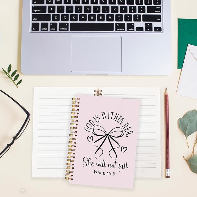 BearCake Pink Coquette Bow Christian Notebook Journal, God is Within Her She Will Not Fall Bible Journal for Women, Christian Religious Gifts for Woman, Hardcover Spiral Notebook 5.5x8.3-DeskLoop Office