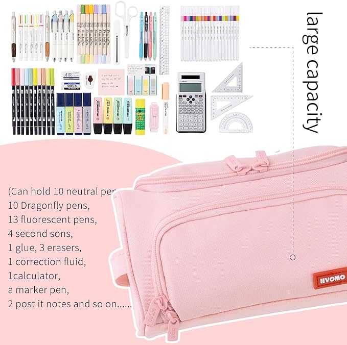 HVOMO Big Capacity Pencil Case High Large Storage Pouch Marker Pen Case Travel Simple Stationery Bag School College Office Organizer for Teens Girls Adults Student(Pink)-DeskLoop Office
