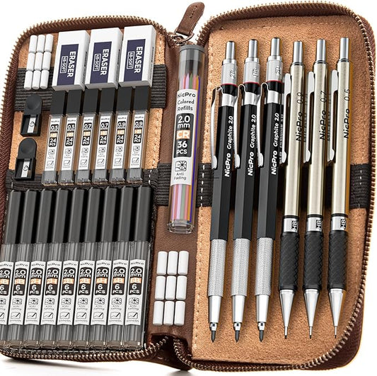 Nicpro 30PCS Art Mechanical Pencil Set in Leather Case, Metal Drafting Pencil 0.5 mm, 0.7 mm, 0.9 mm & 3 PCS 2mm Lead Holders for Sketching Drawing With 16 Tube (6B 4B 2B HB 2H 4H Colors) Lead Refills-DeskLoop Office