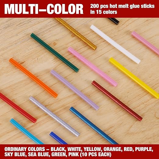 Arrow Mini Hot Glue Sticks, 200 Pack Multi Colored Glue Gun Sticks, Hot Melt High Viscosity All-Purpose Gun Stick in 15 Colors for DIY Art Craft-DeskLoop Office