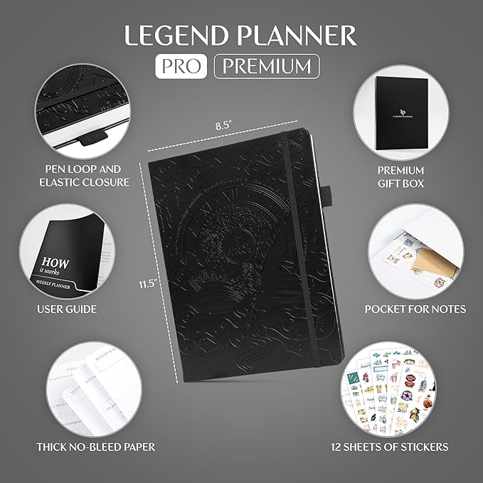 Legend Planner PRO Premium – Large Undated Weekly, Monthly & Budget Planner with Habit Tracker – Life Organizer for Time & Task Management, Goal Setting & Productivity – A4 Size (Black, New Cover)-DeskLoop Office