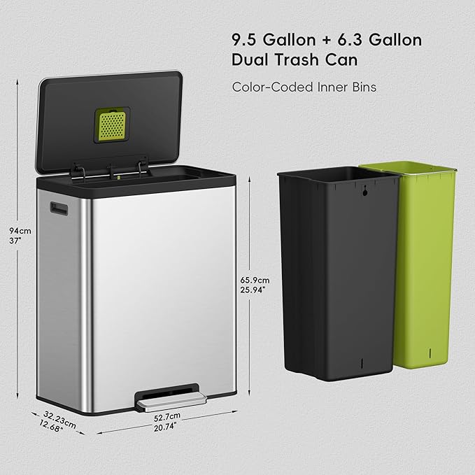 EKO EcoCasa II 36L+24L Dual Trash Can with Recycle Bin, Stainless Steel Garbage Can with Lid, Deodorizer Compartment, Odor-Proof and Fingerprint Resistant-DeskLoop Office