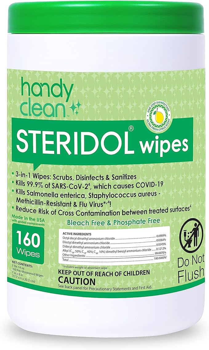 Steridol Wipes Canister, Hard Surface Wipes Multipurpose Cleaning 160 Count Fresh Lemon Scent Industrial Grade For Business Use-DeskLoop Office