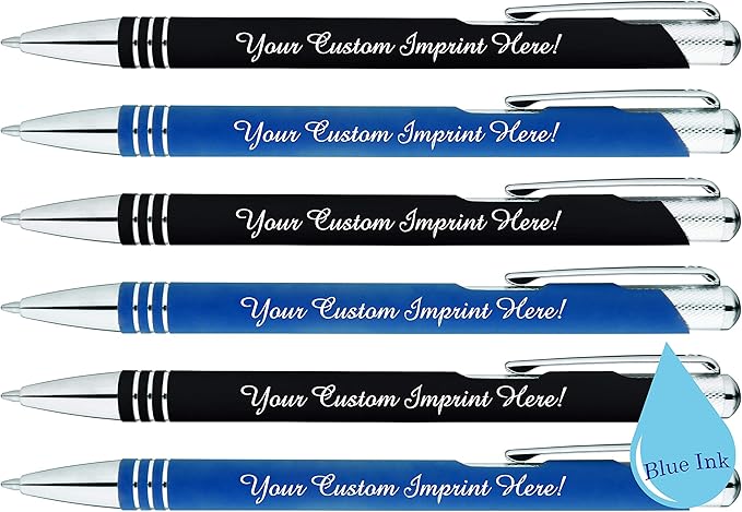 ExpressDesigns™ - Blue Ink Personalized Pens Rubberized - The Cameron - Custom Printed Name Pens - Imprinted with Logo or Message - Includes Personalization - 6 Pack (Assorted)-DeskLoop Office