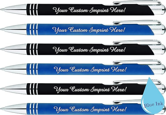 ExpressDesigns™ - Blue Ink Personalized Pens Rubberized - The Cameron - Custom Printed Name Pens - Imprinted with Logo or Message - Includes Personalization - 6 Pack (Assorted)-DeskLoop Office