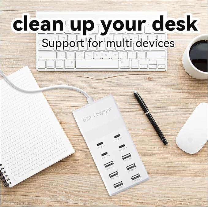 USB Charging Station, 10 Ports Family-Sized USB C Charger Block,USB Power Strip for Smart Phone Tablet Laptop Computer (1 Pcs)-DeskLoop Office