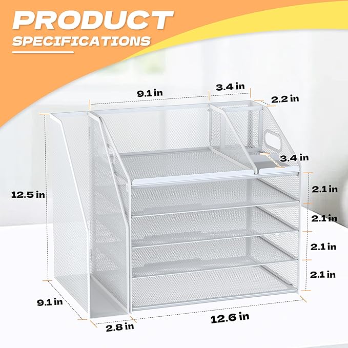 DocNest 5 Tier Paper Letter Tray File Organizer, Mesh Desk File with Handle, Workspace Desk Organizers with Pen Holder, Office Organization Storage Accessories - White-DeskLoop Office